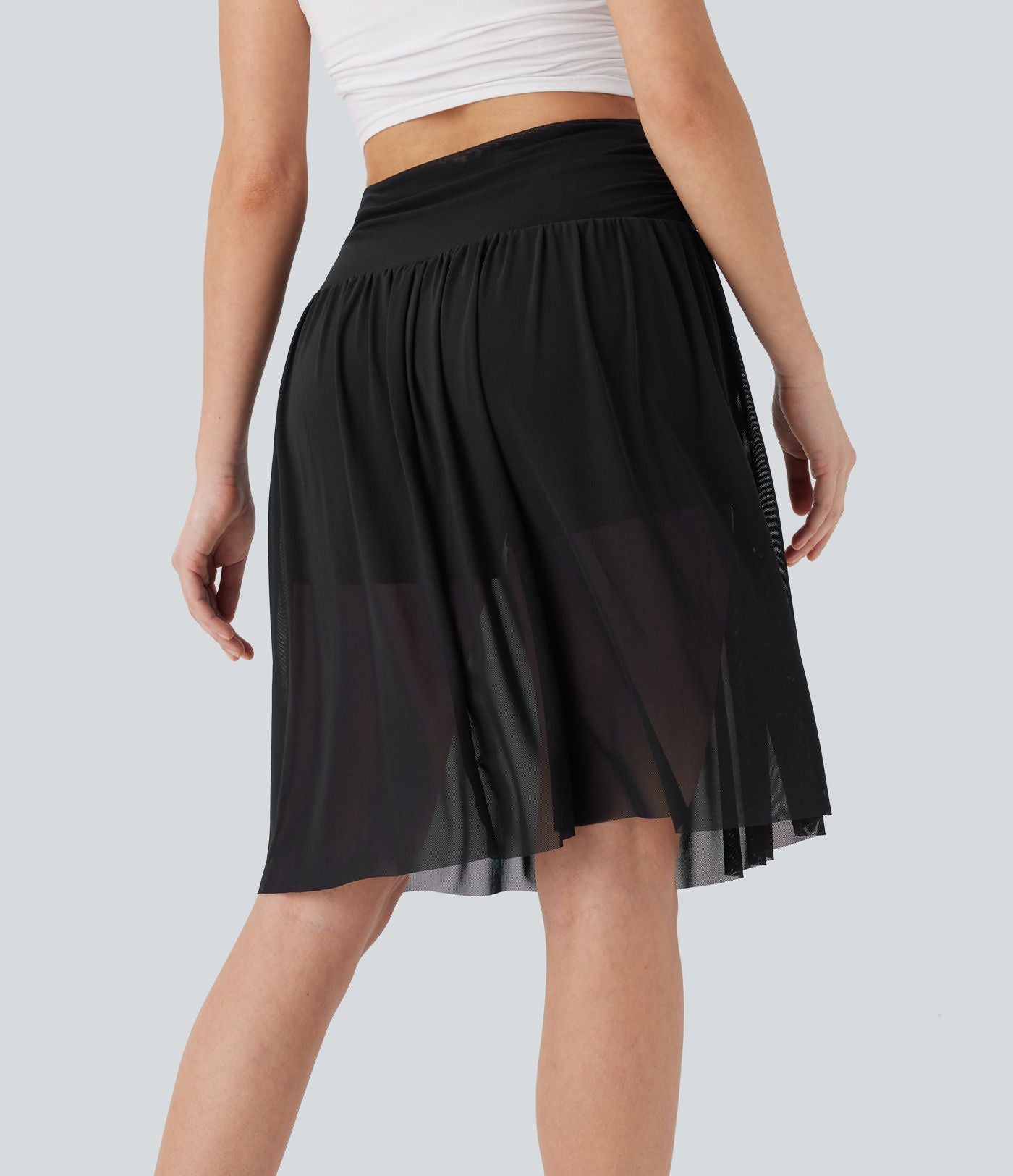 Jupe casual midi fluide 2-en-1 taille haute froncée maille contrastante avec poches latérales