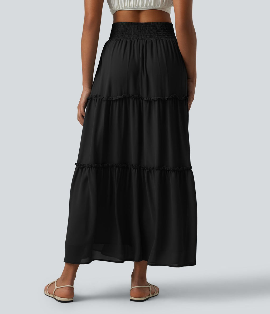 Jupe casual mi-longue à volants étagés et fronces taille haute