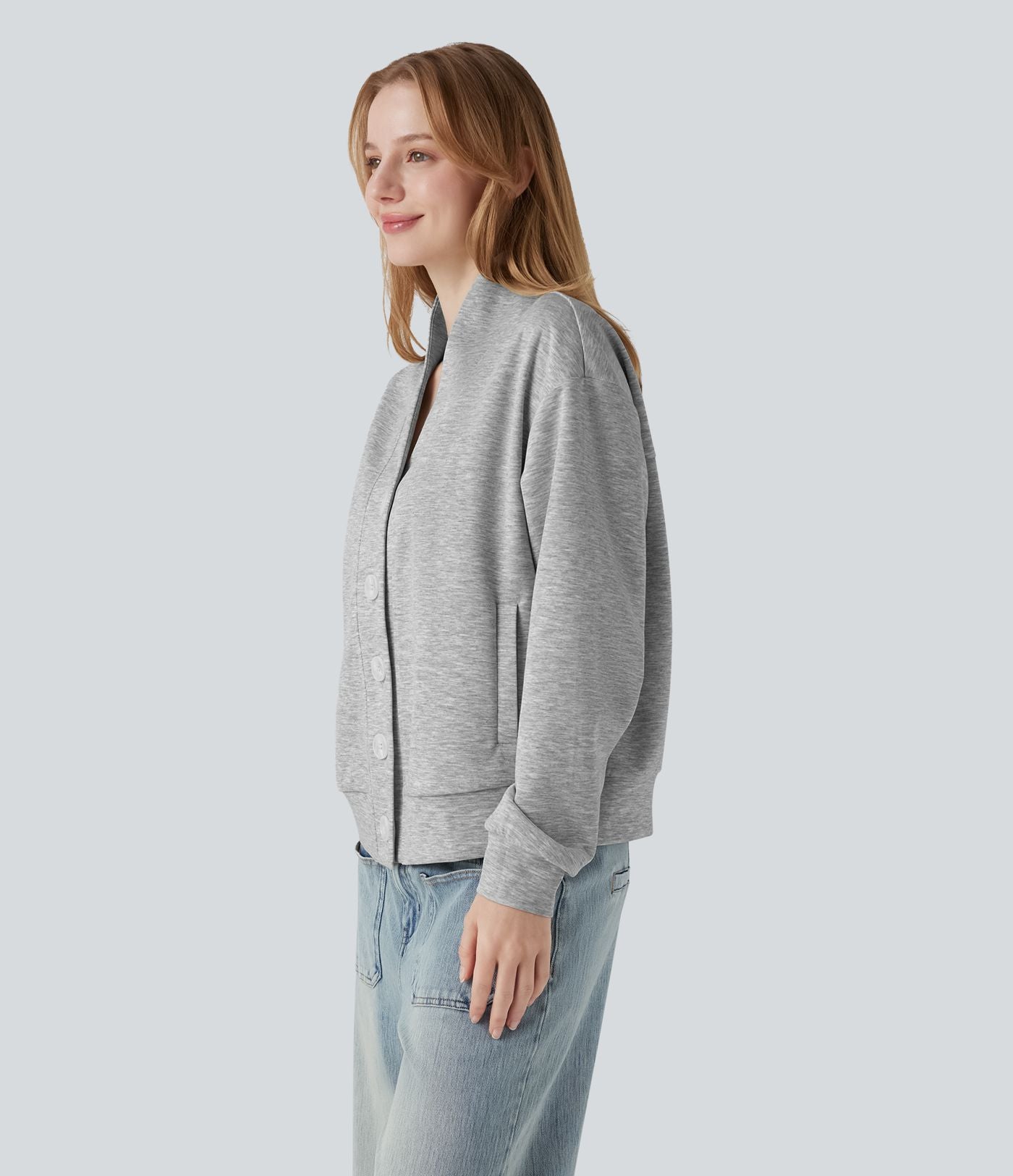 Sweat-shirt col V à manches longues avec boutonnage et poches