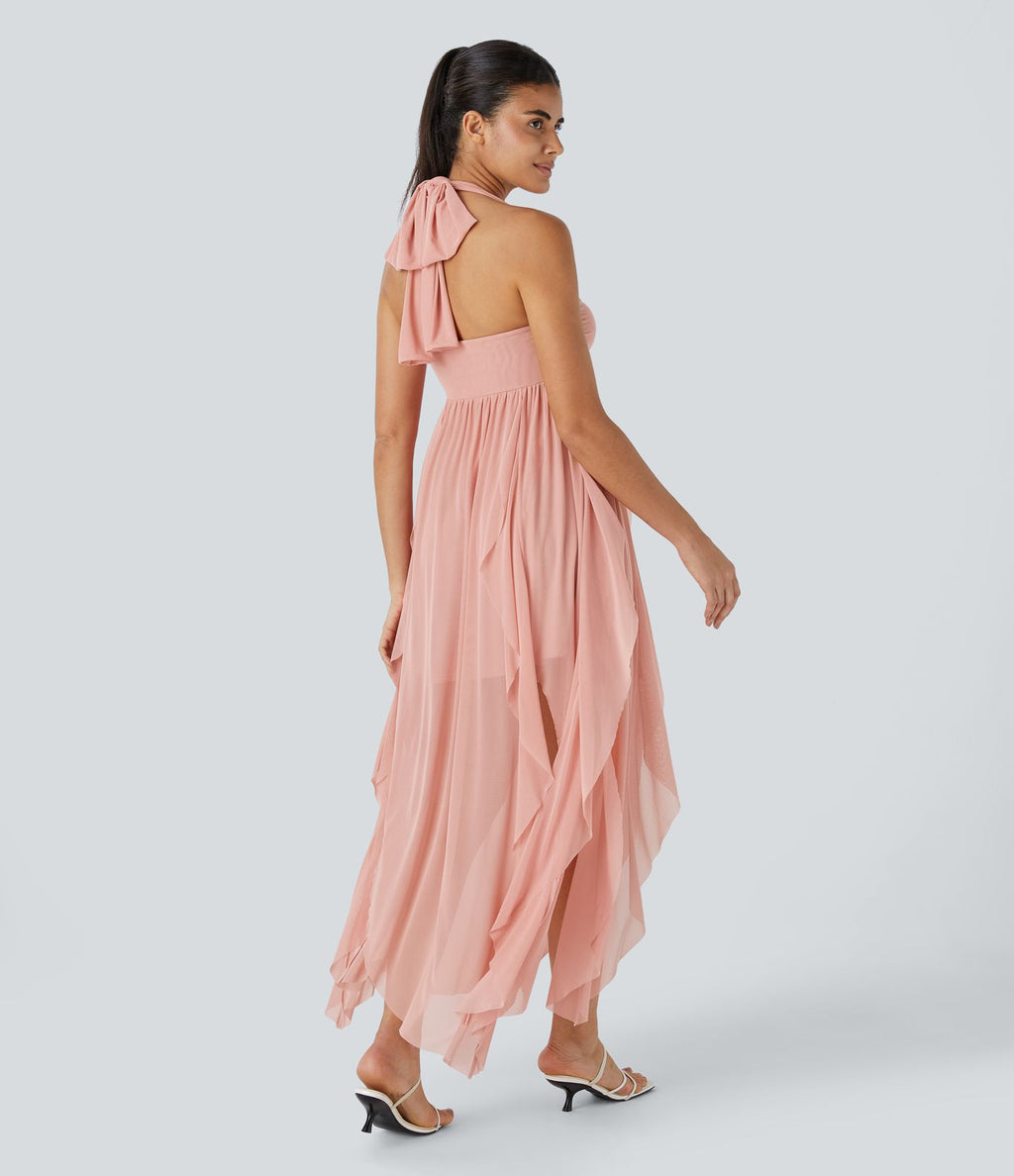 Robe de Vacances Maxi Fluide à Dos Nu en Tube avec Dos Lacé et Volants Drapés
