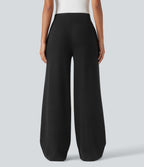 Pantalon jogging large décontracté côtelé gainant taille haute avec cordon de serrage et poches