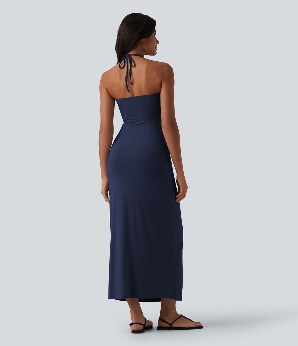 Robe longue dos nu col licou avec nœud et poches