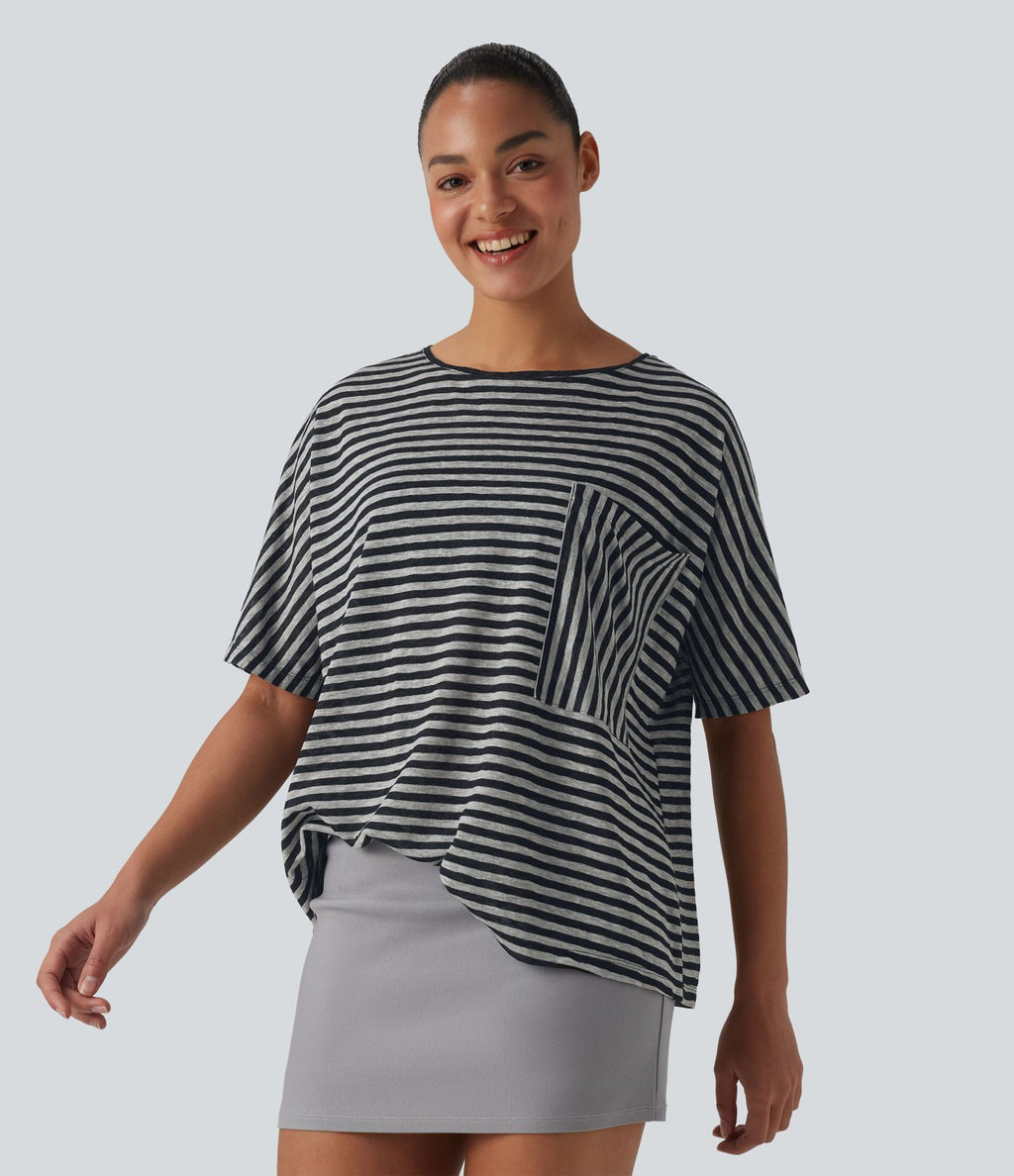 T-shirt col rond manches chauve-souris à rayures en lyocell avec poche poitrine