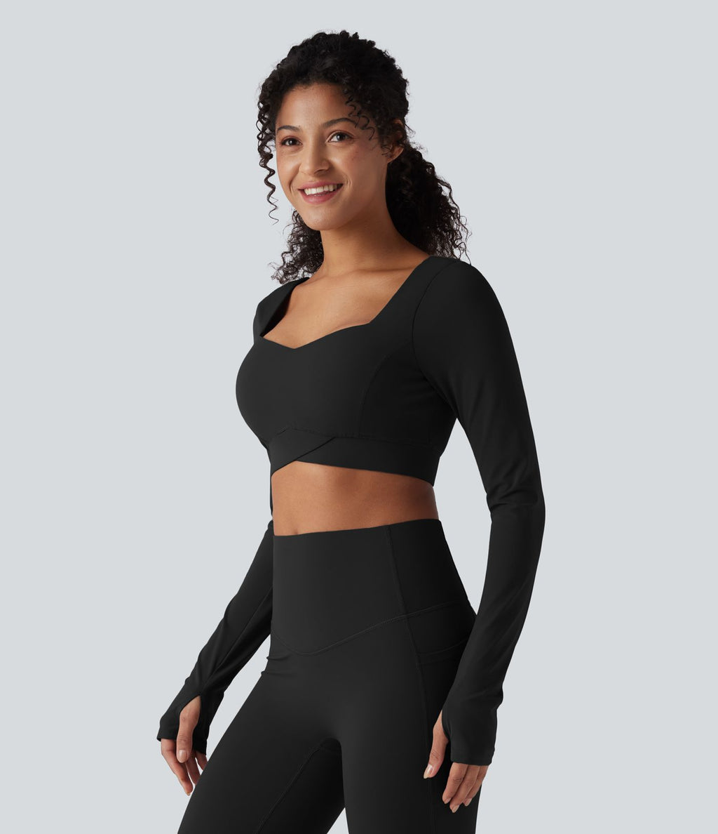 Halara UltraSculpt™ Top court de sport push-up à manches longues avec passants pouces et ourlet croisé