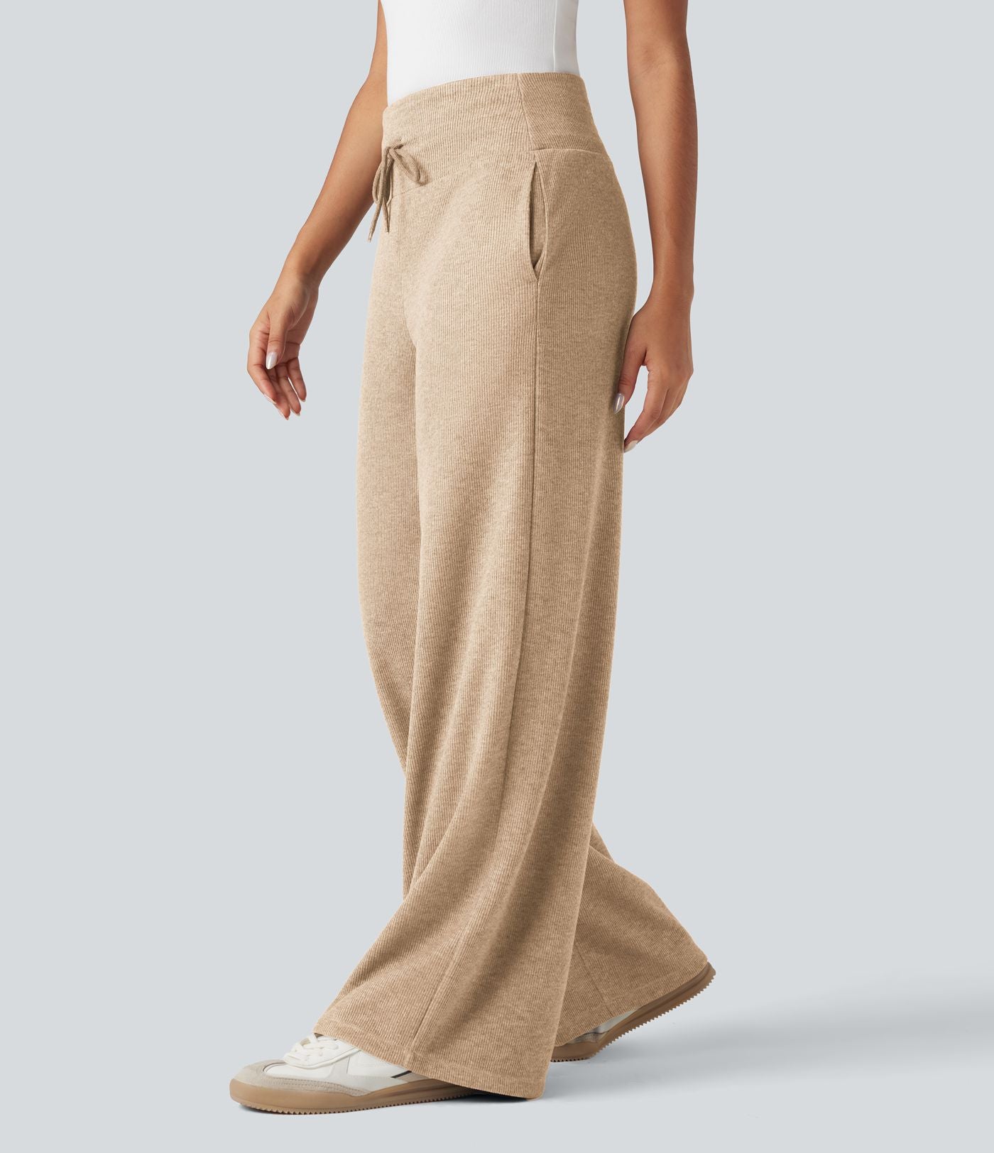 Pantalon jogging large décontracté côtelé gainant taille haute avec cordon de serrage et poches