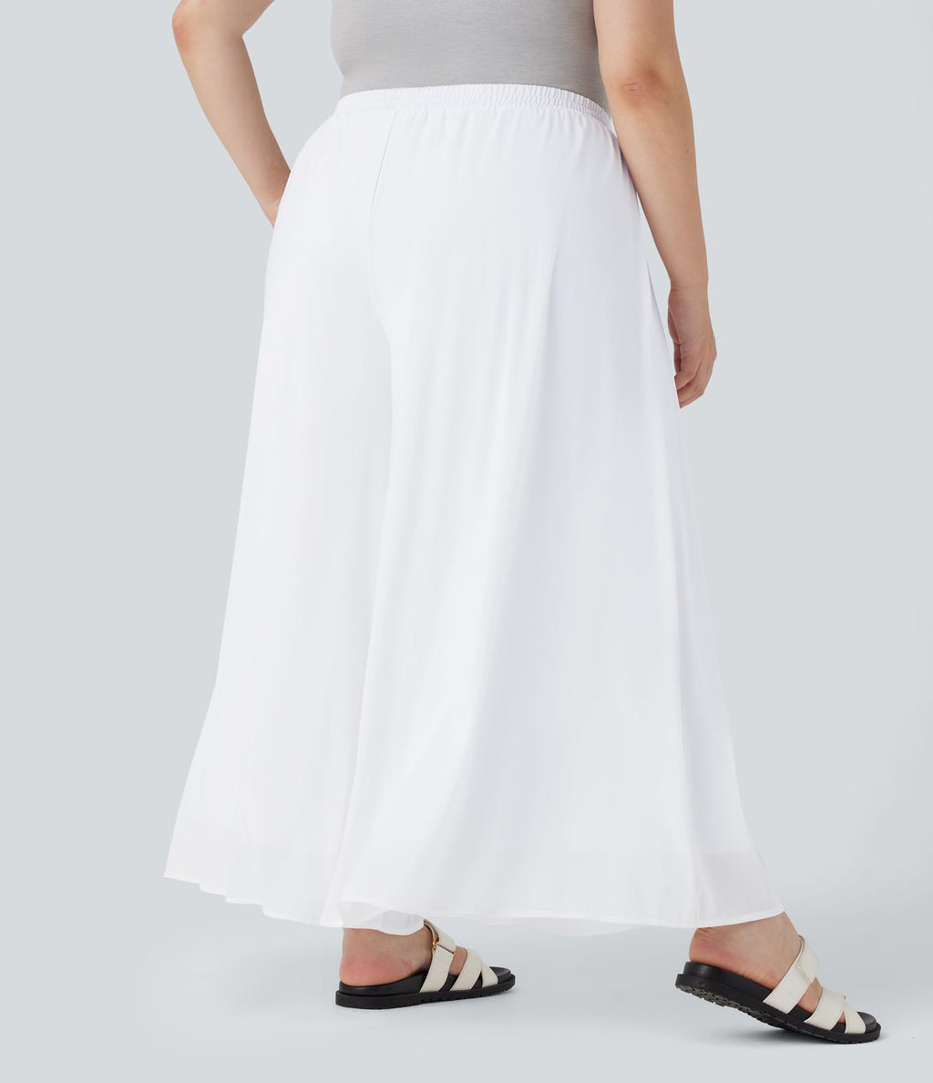Pantalon décontracté grande taille taille haute large à superposition mesh avec poches latérales