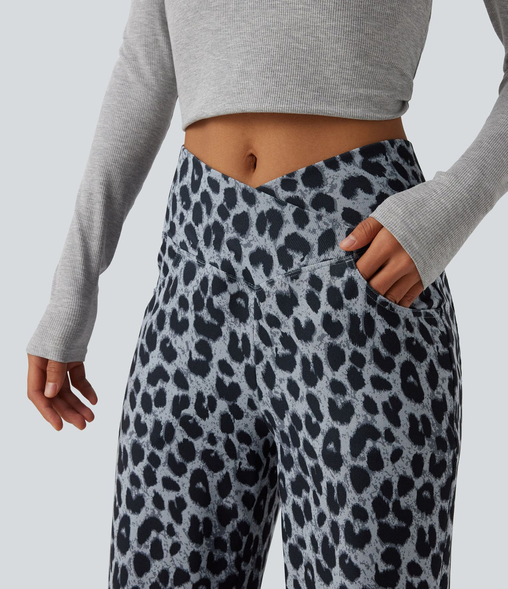 Pantalon large décontracté taille haute croisé imprimé léopard en tissu gaufré avec poches