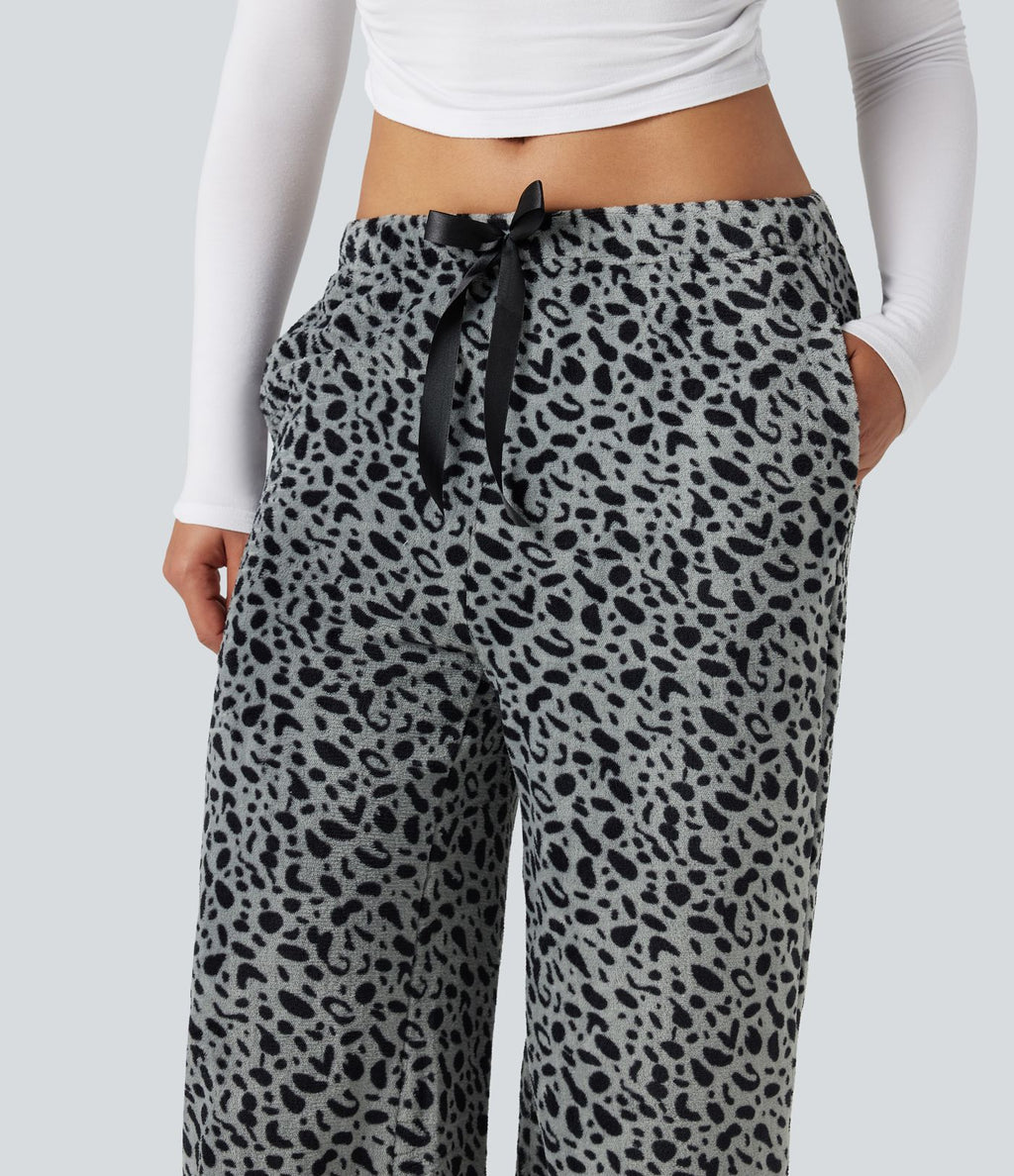 Pantalon large molleton imprimé léopard taille mi-haute avec cordon de serrage et poches