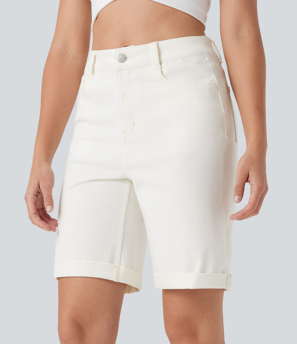 Bermuda décontracté en jean extensible délavé Halara Flex™ taille haute avec revers et multiples poches