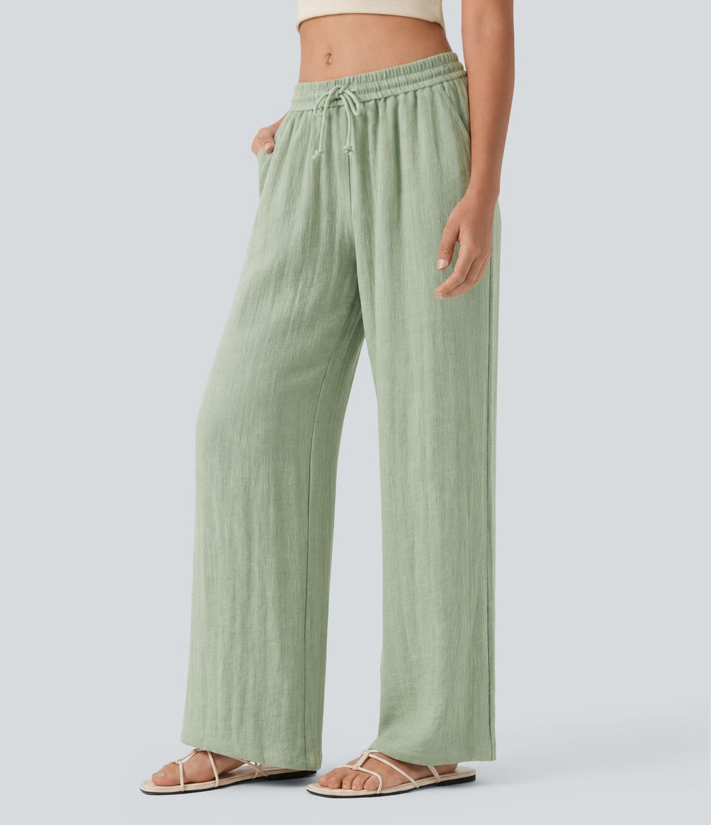 Pantalon baggy large casual effet lin taille basse avec cordon et poches