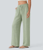 Pantalon baggy large casual effet lin taille basse avec cordon et poches