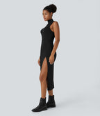Robe Casual Midi 2 Pièces Capuche Col Montant Sans Manches Fendue avec Découpe Dos Nœud Côtelée