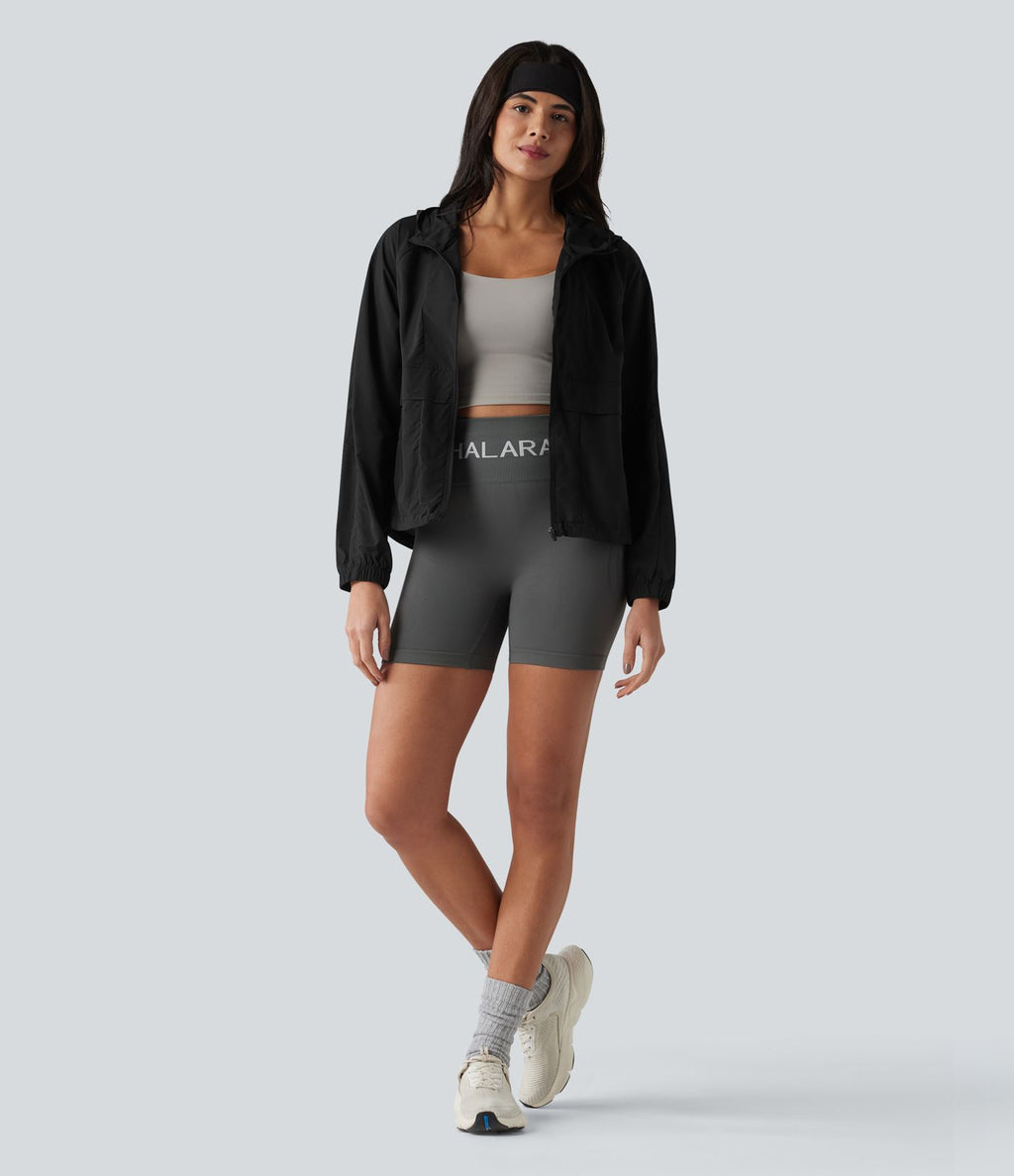 Veste de course à capuche à manches longues avec empiècements en mesh contrasté et poches – Protection UPF 50+