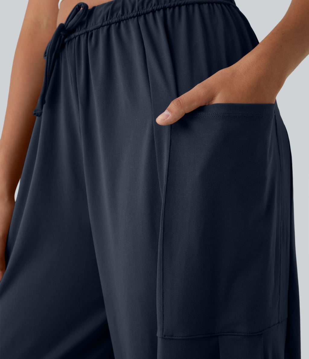 Pantalon Large Fluide Taille Mi-Haute Taille Élastique Cordon Poches Latérales Ourlet Flottant