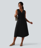 Robe midi évasée décontractée col V sans manches torsadée avec poches