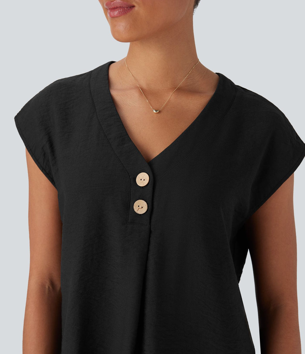 Blouse de Travail Col V Manches Courtes avec Boutons Décoratifs