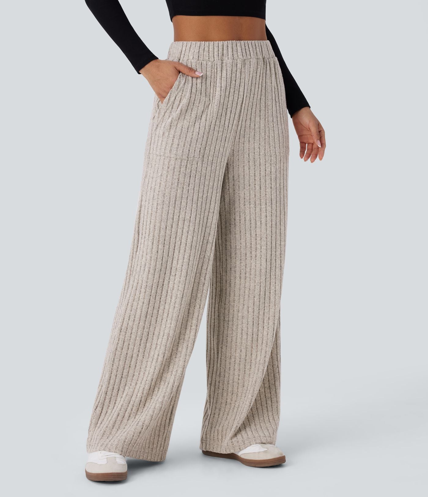 Pantalon large décontracté côtelé taille haute avec poches multiples