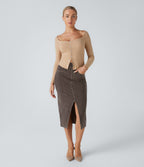 Halara Flex™ Jupe Mi-longue Casual En Denim Extensible Coloré A Poches Multiples Taille Haute