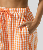 Pantalon en Coton Casual à Carreaux à Taille Haute avec Cordon de Serrage et Poches Latérales Amples