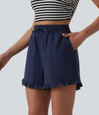 Short casual ample taille haute en popeline extensible à cordon de serrage et ourlet volants avec poches