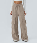 Pantalon cargo décontracté large à cordon côtelé, taille mi-haute, avec poches