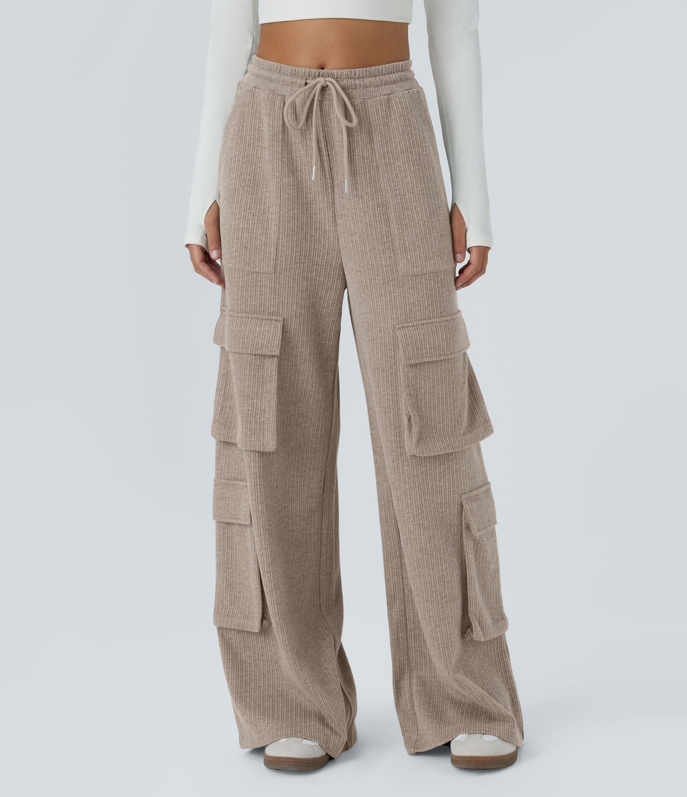 Pantalon cargo décontracté large à cordon côtelé, taille mi-haute, avec poches