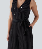 Combinaison tailleur sans manches à col V, ceinturée, avec zip invisible, rayures et effet frais avec poches, accès facile Easy Peasy