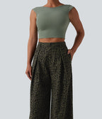 Pantalon large décontracté imprimé léopard taille mi-haute avec poches