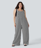 Salopette de séjour grande taille tissu gaufré rayée à bretelles ajustables avec boutons et multiples poches