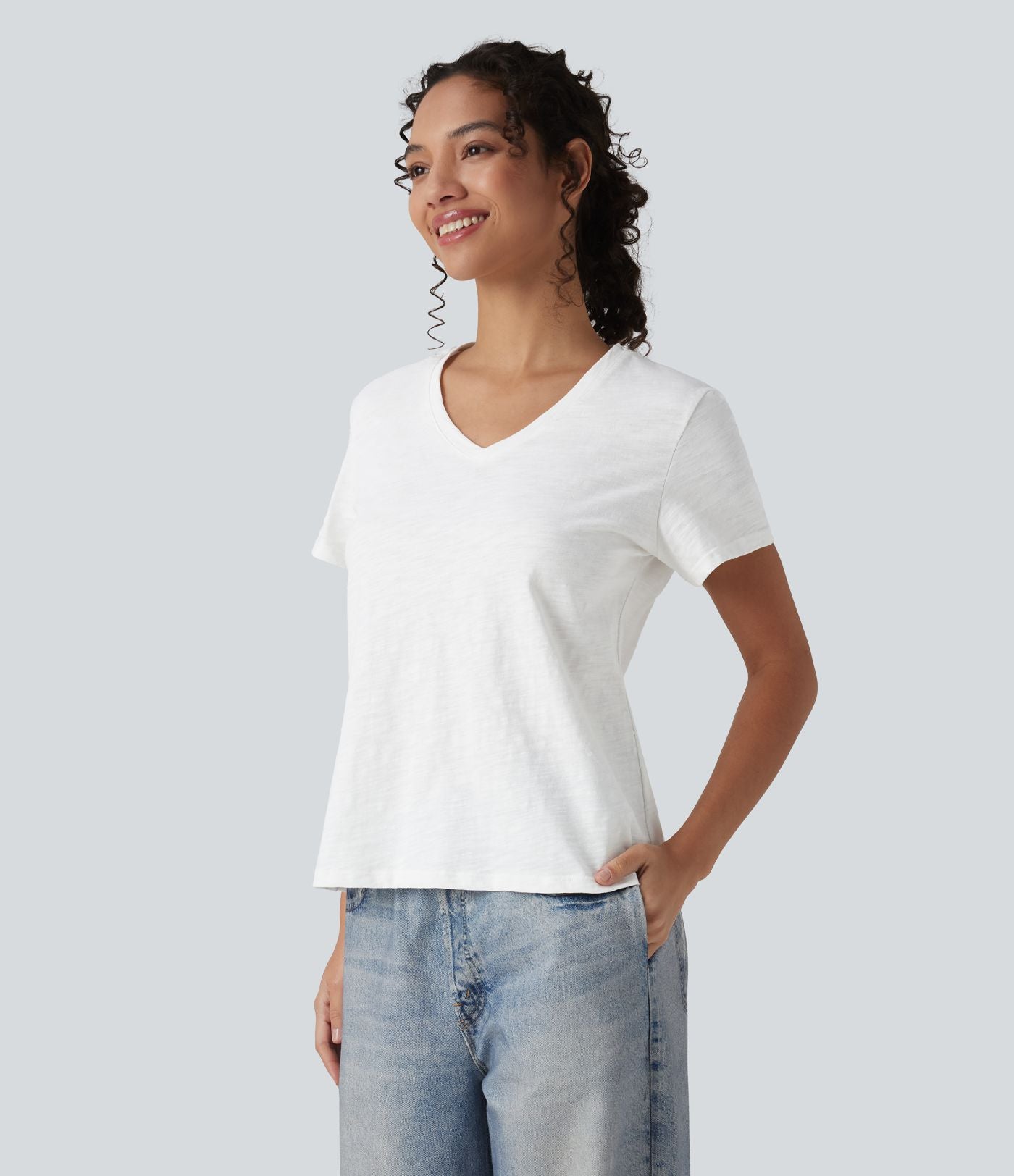 T-shirt casual ample col V manches courtes en coton slub