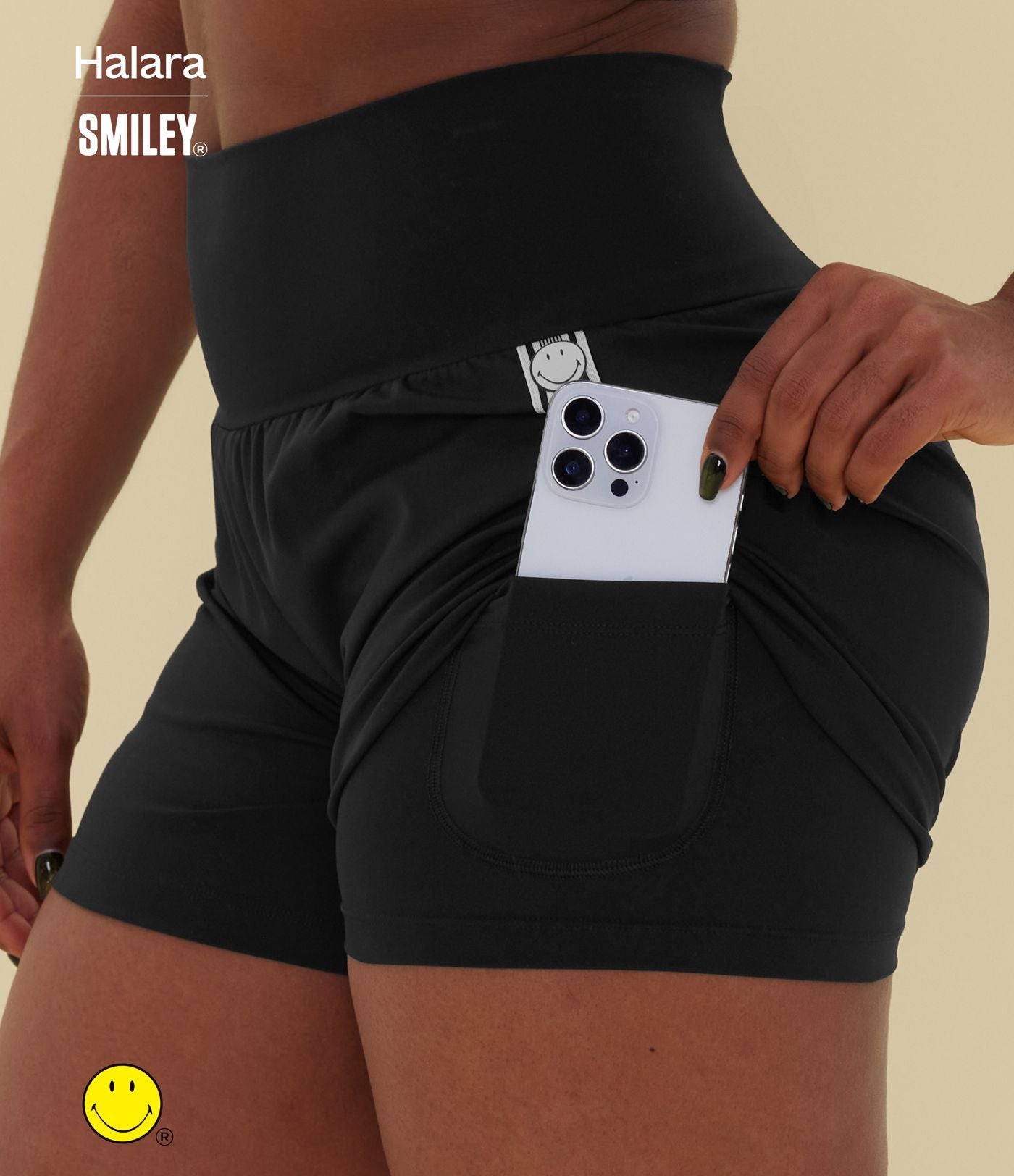 Short de yoga 2-en-1 Halara X Smiley® SoftlyZero™ Airy 12,5 cm taille très haute effet frais InstantCool avec poches, longueur allongée