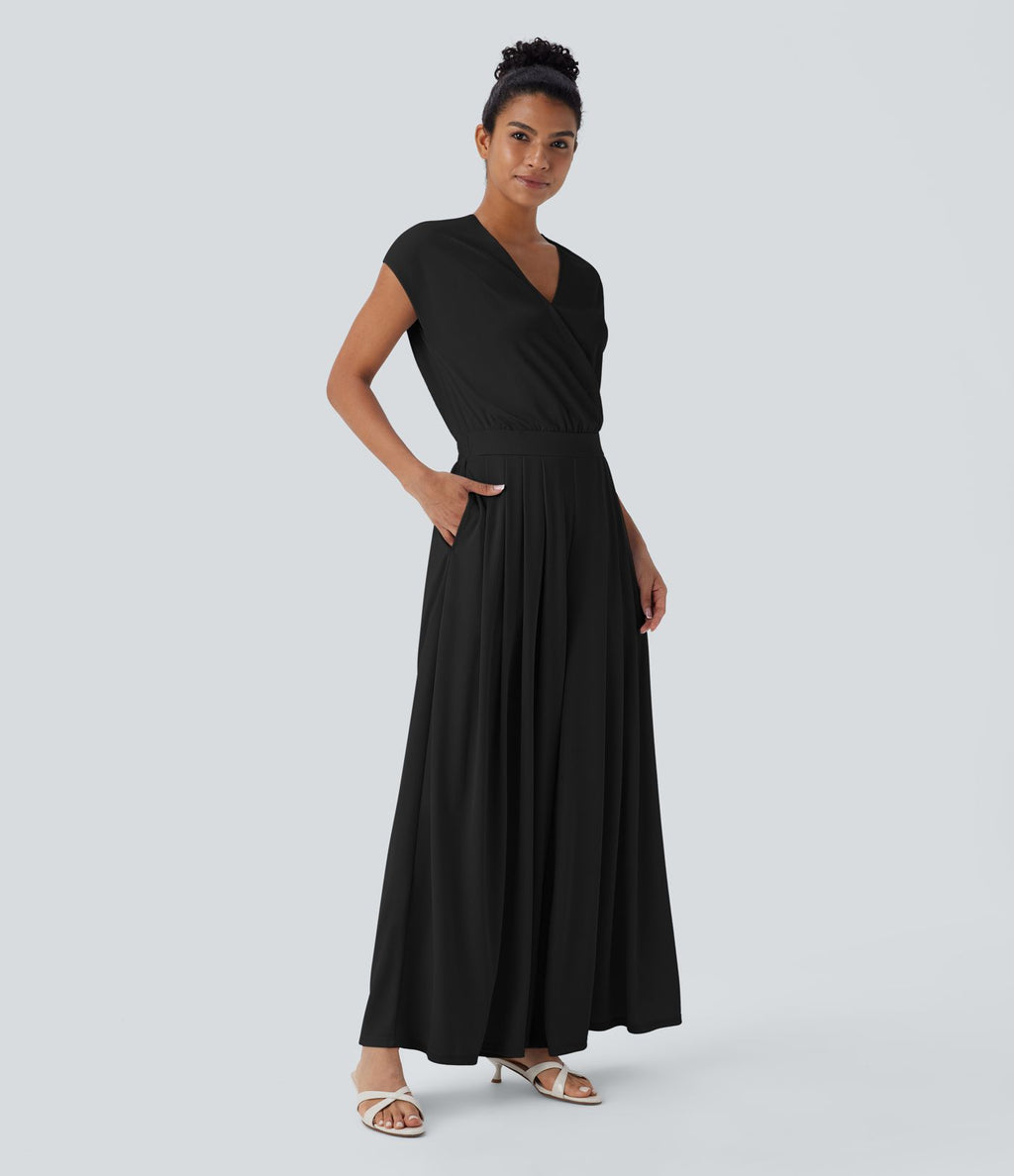 Combinaison fluide en tissu gaufré, col V, manches courtes, jambes larges et poches latérales - Easy Peasy Edition