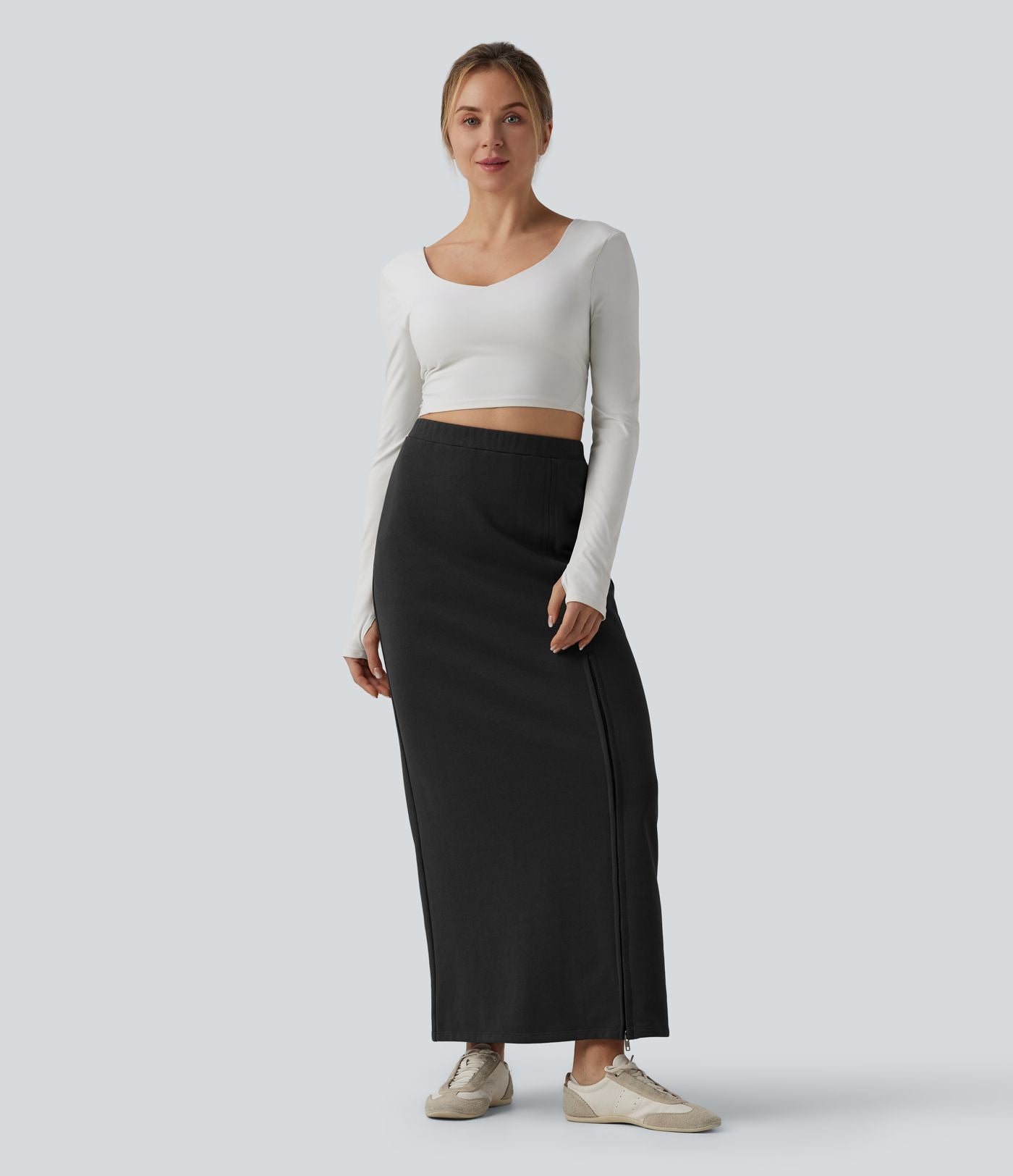 Jupe longue décontractée taille haute en molleton French Terry coton avec poches