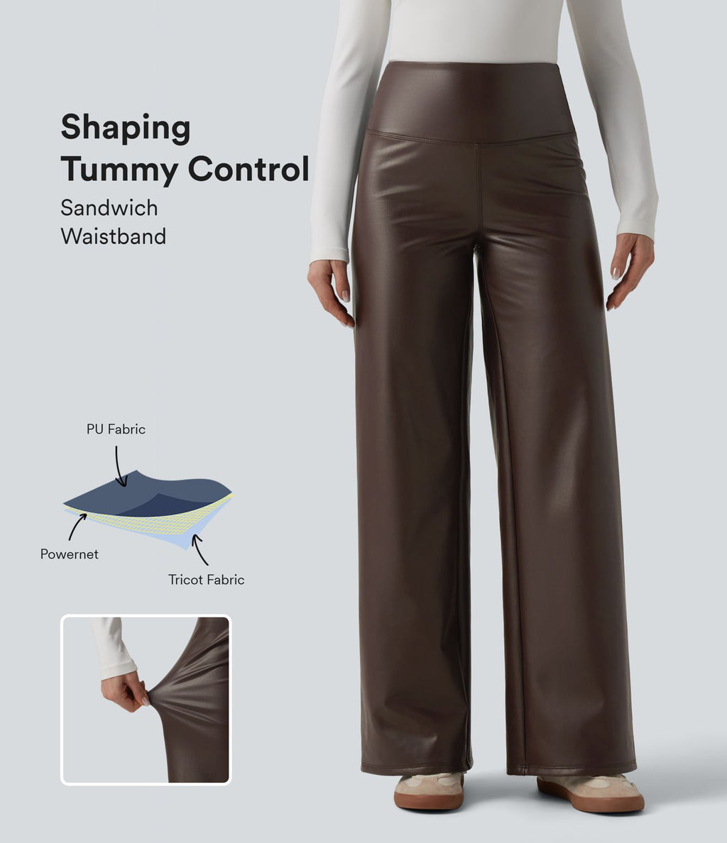 Pantalon large décontracté gainant taille haute extensible en molleton PU avec poches
