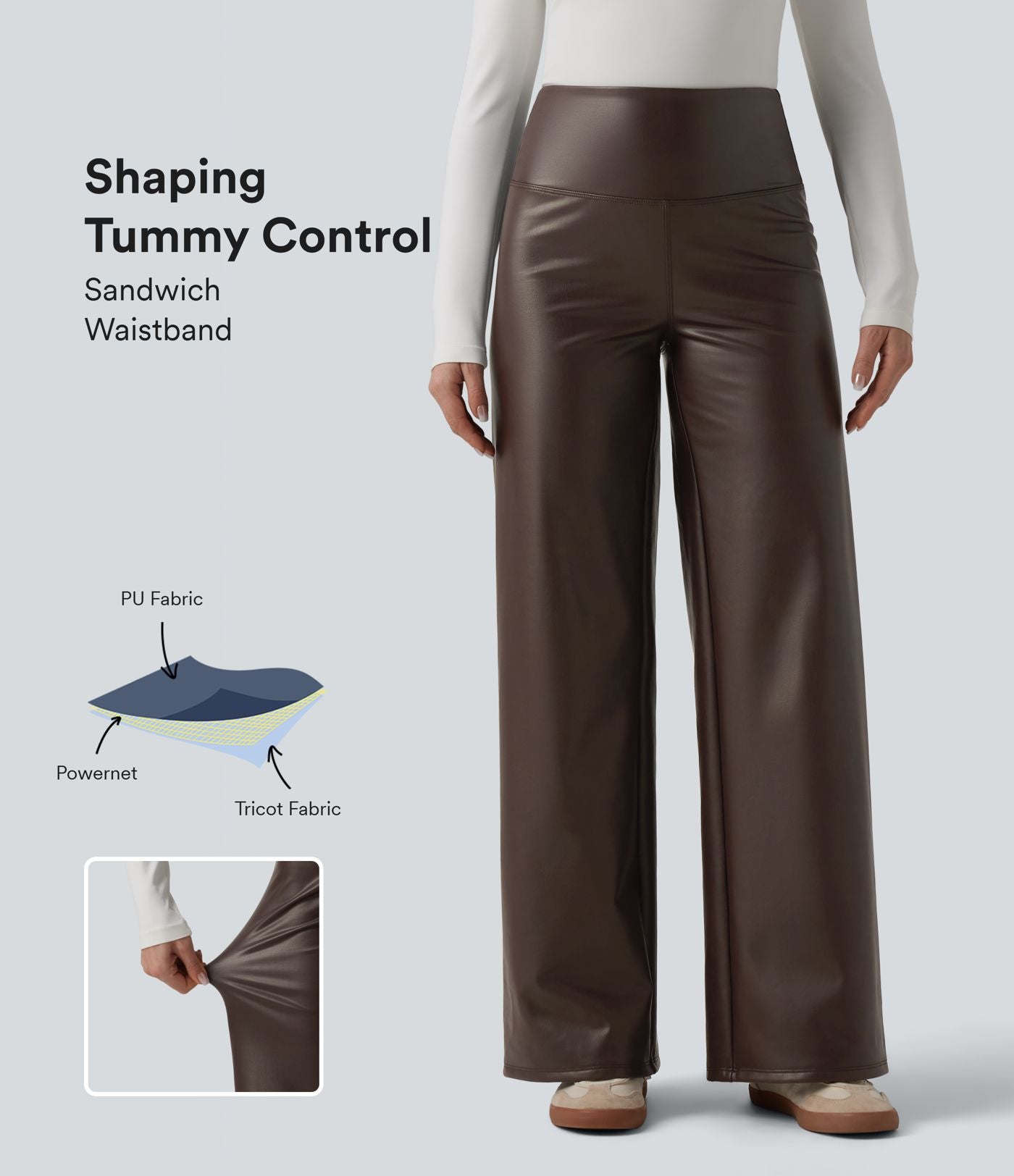 Pantalon large décontracté gainant taille haute extensible en molleton PU avec poches