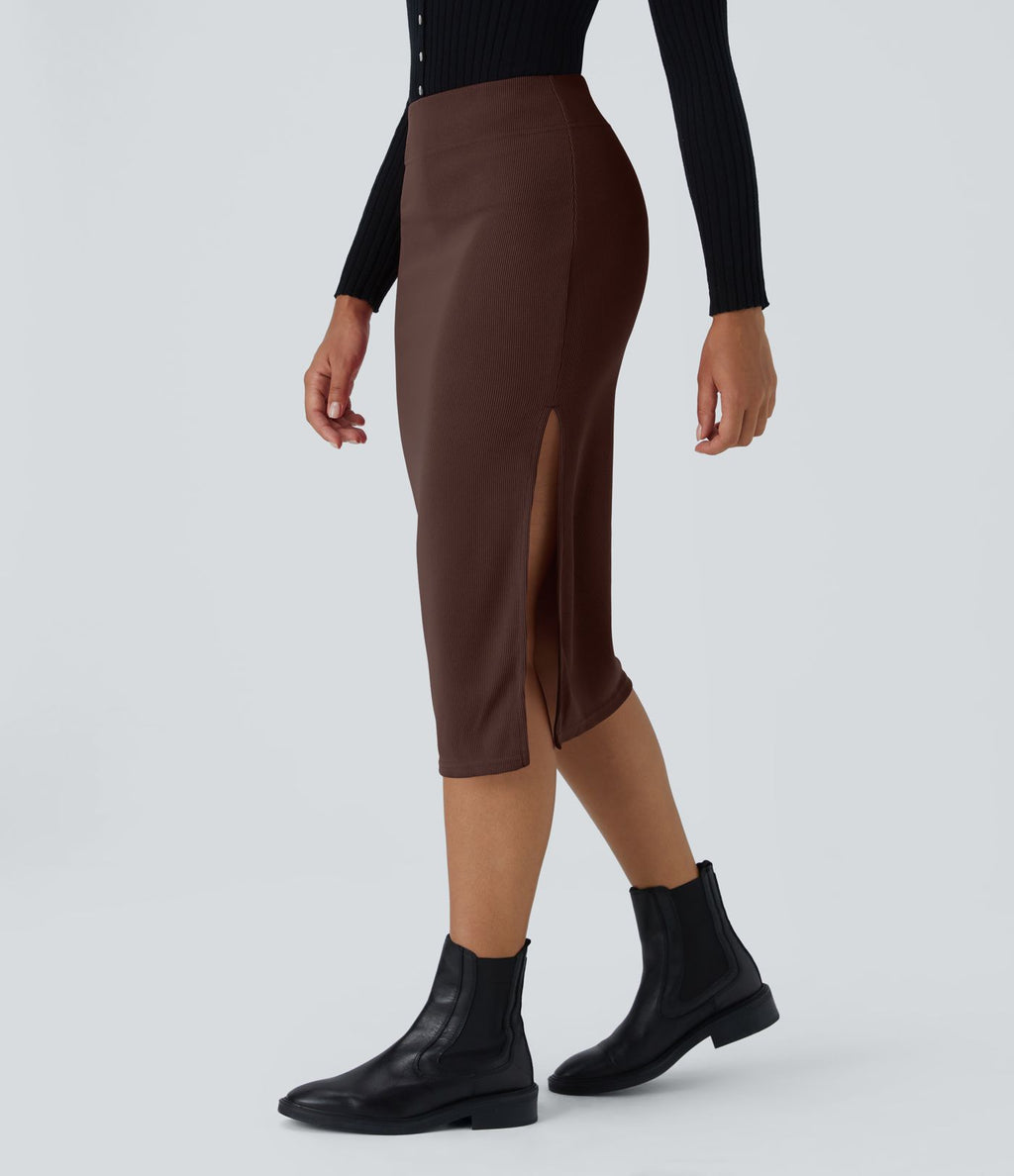 Jupe Midi Moulante Casual en Côtes Taille Haute Fendue