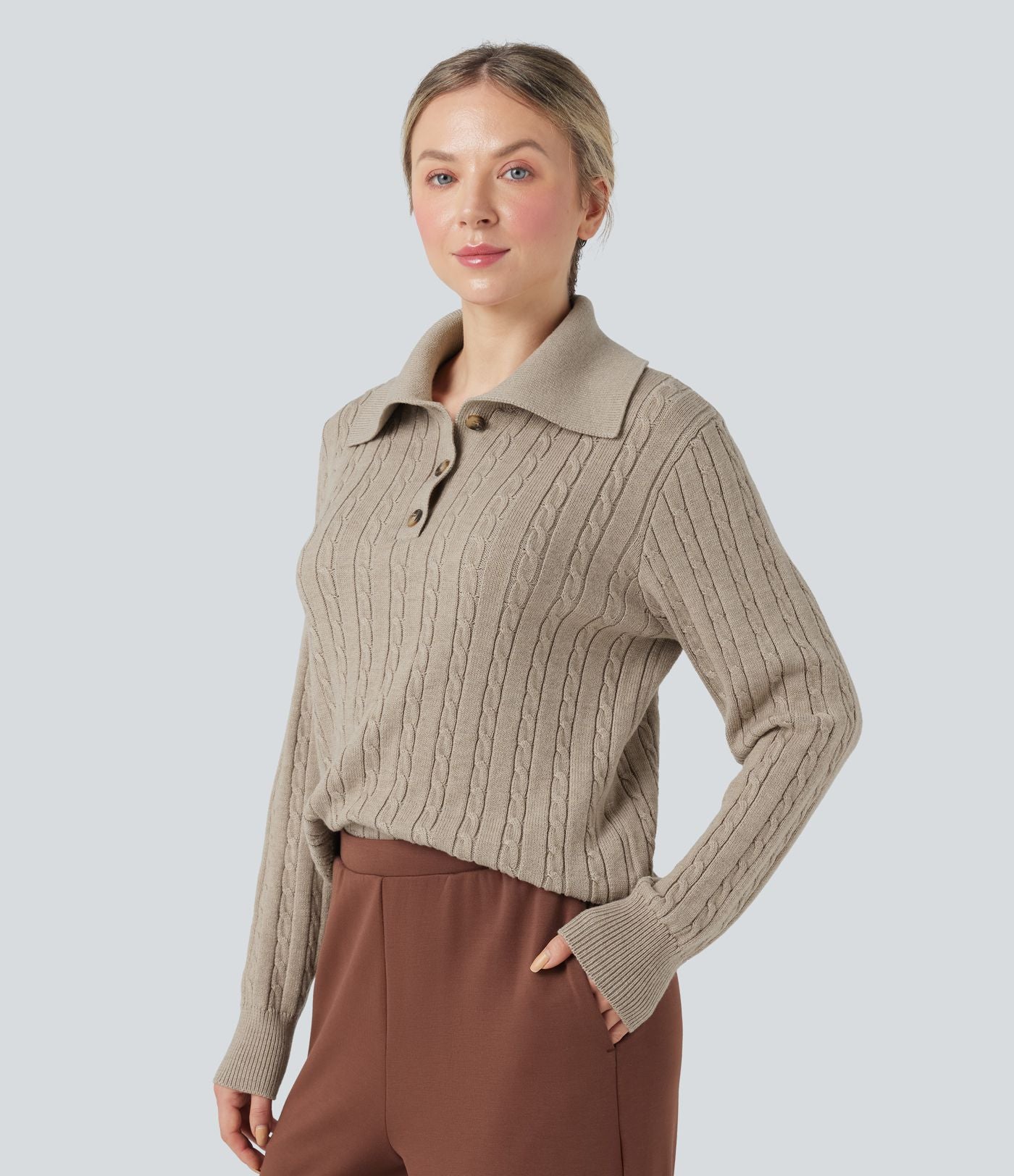 Pull laine mélangée col tailleur manches longues torsadé coupe décontractée