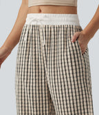 Pantalon large décontracté à carreaux taille mi-haute avec cordon de serrage et poches