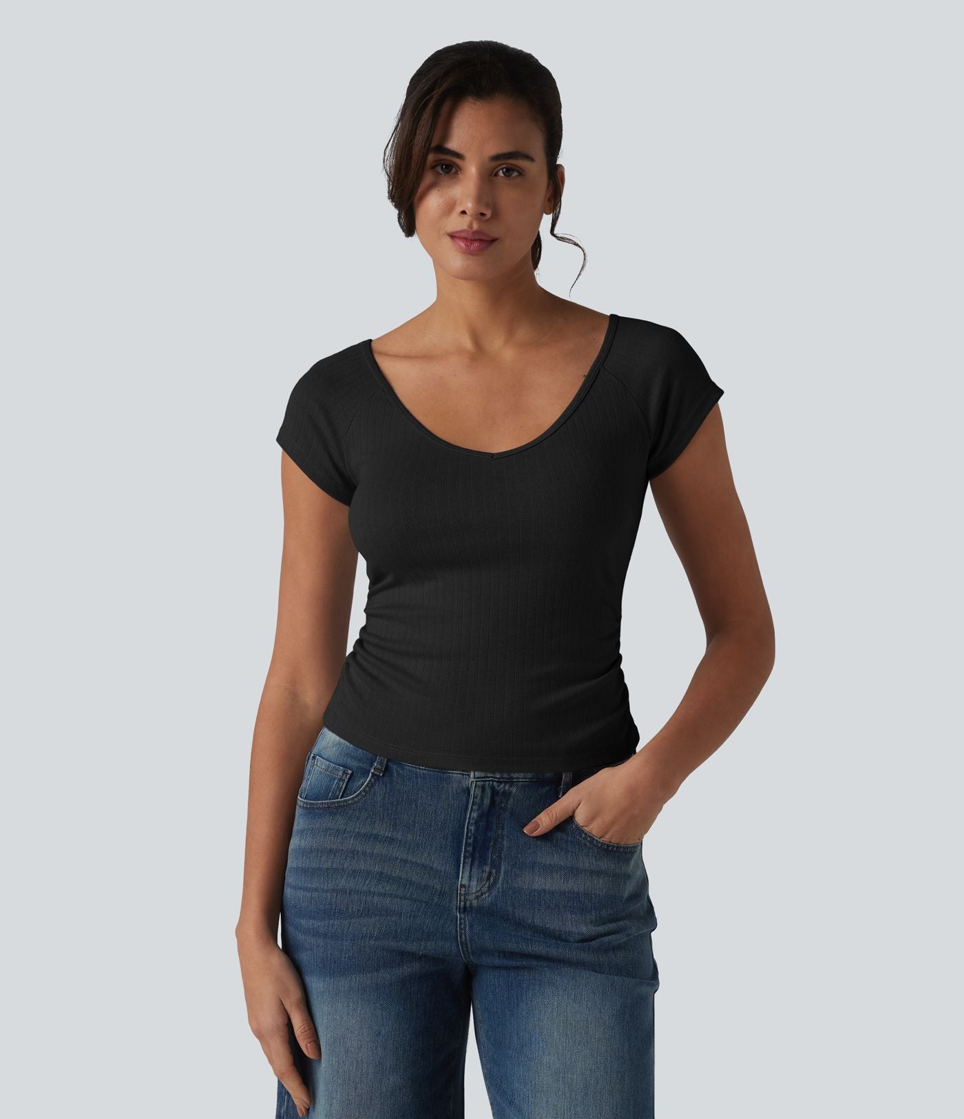 T-shirt col V manches courtes avec fronces