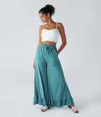 Pantalon Casual à Taille Haute avec Cordon De Serrage Poches Latérales et Volants Jambes Amples