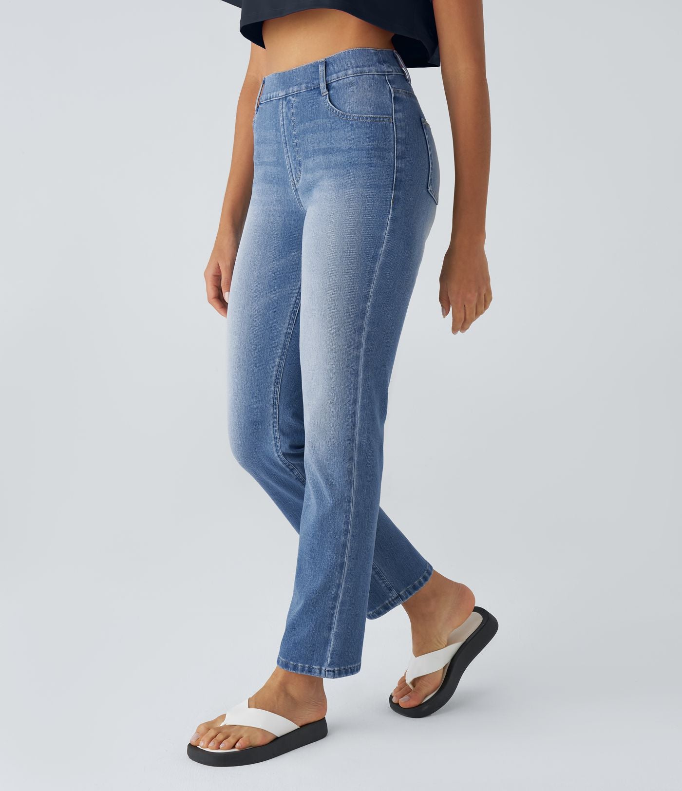 Jean droit Halara Flex™ à taille haute, poches multiples, effet délavé et tissu extensible