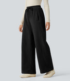 Pantalon large décontracté en polaire taille haute avec cordon de serrage et poches