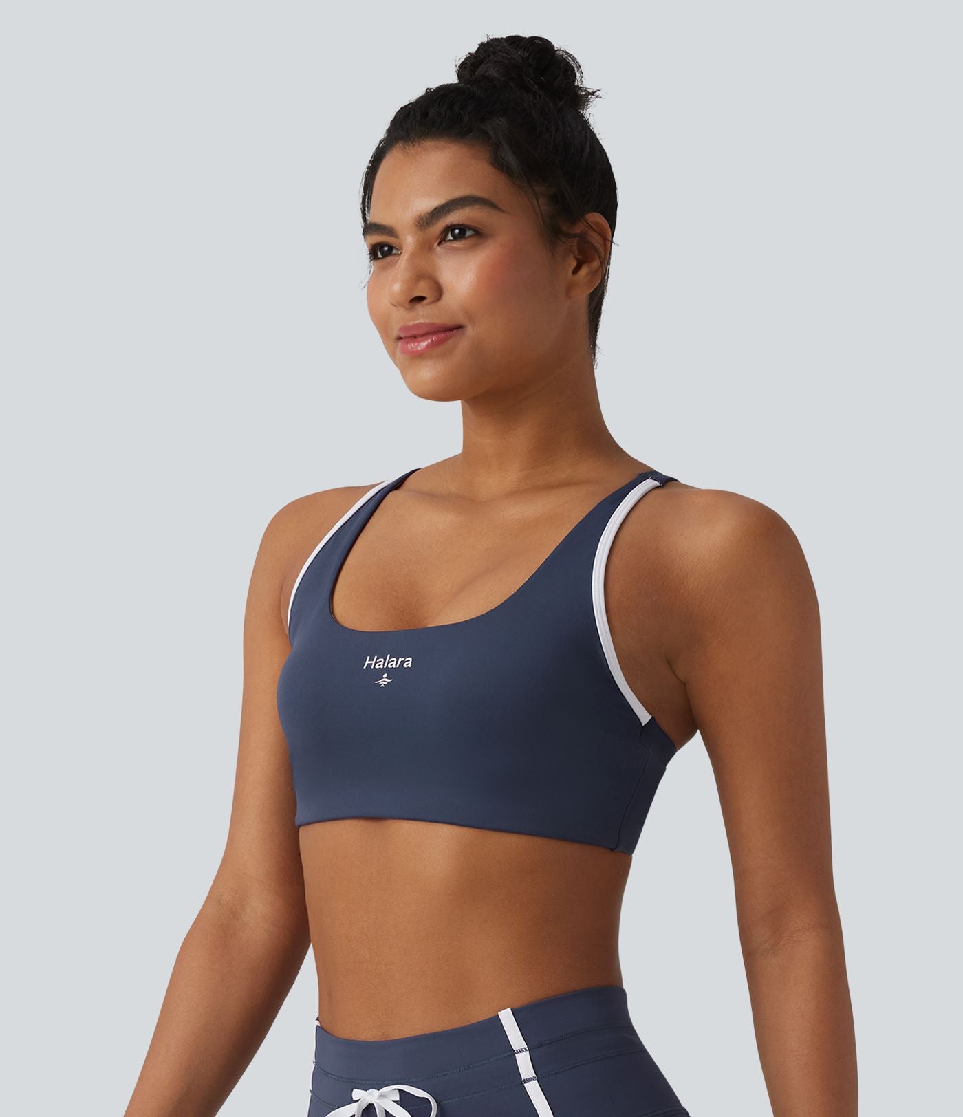 Brassière de sport yoga col U échancré color block imprimé lettrage avec brassière intégrée maintien léger
