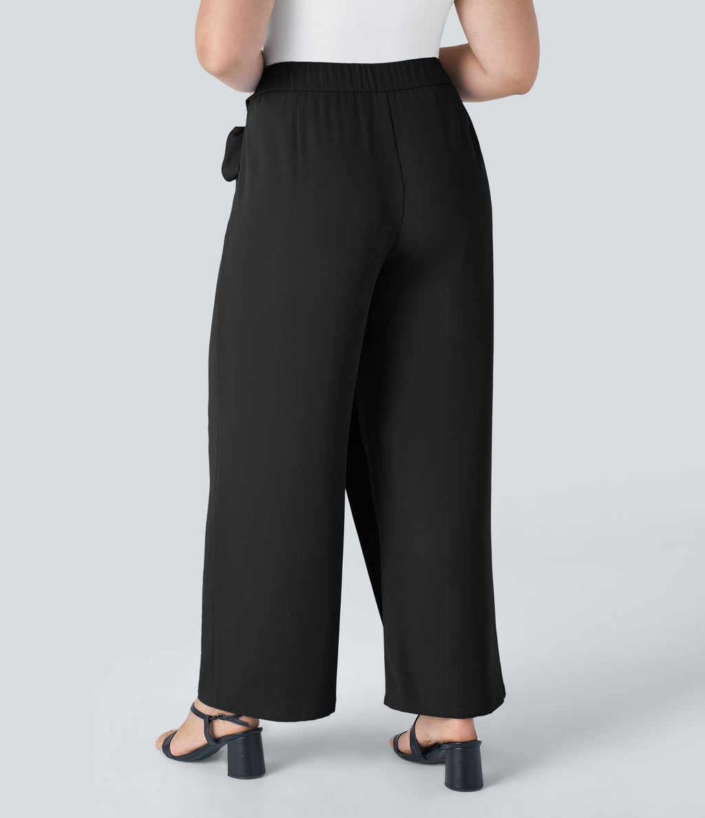 Pantalon Grande Taille à Jambe Large et Taille Haute avec Liens Latéraux et Fermeture Éclair Invisible