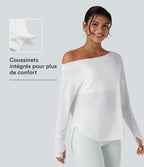 Top de sport yoga une épaule séchage rapide ourlet arrondi asymétrique manches longues avec trous pouces - Brassière intégrée
