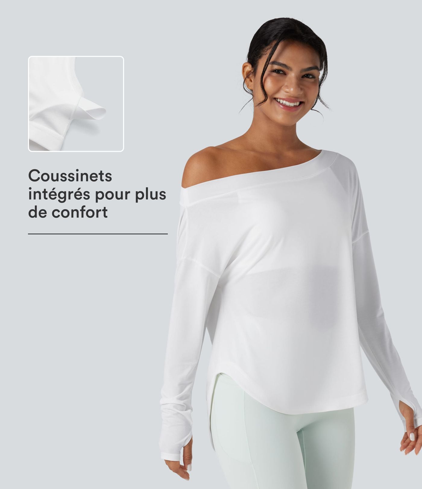 Top de sport yoga une épaule séchage rapide ourlet arrondi asymétrique manches longues avec trous pouces - Brassière intégrée