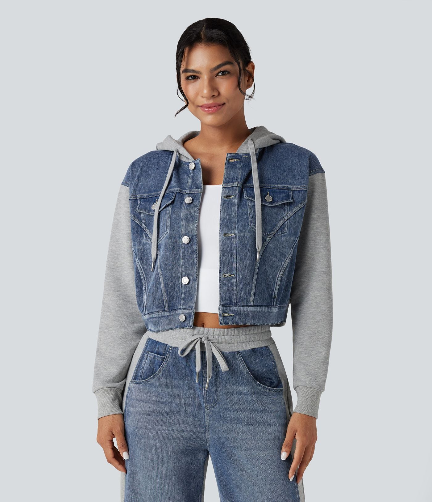 Veste en jean patchwork à capuche avec cordon de serrage et manches longues Halara Flex™