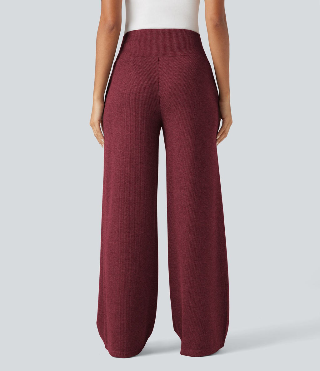 Pantalon jogging large décontracté côtelé gainant taille haute avec cordon de serrage et poches