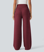 Pantalon jogging large décontracté côtelé gainant taille haute avec cordon de serrage et poches
