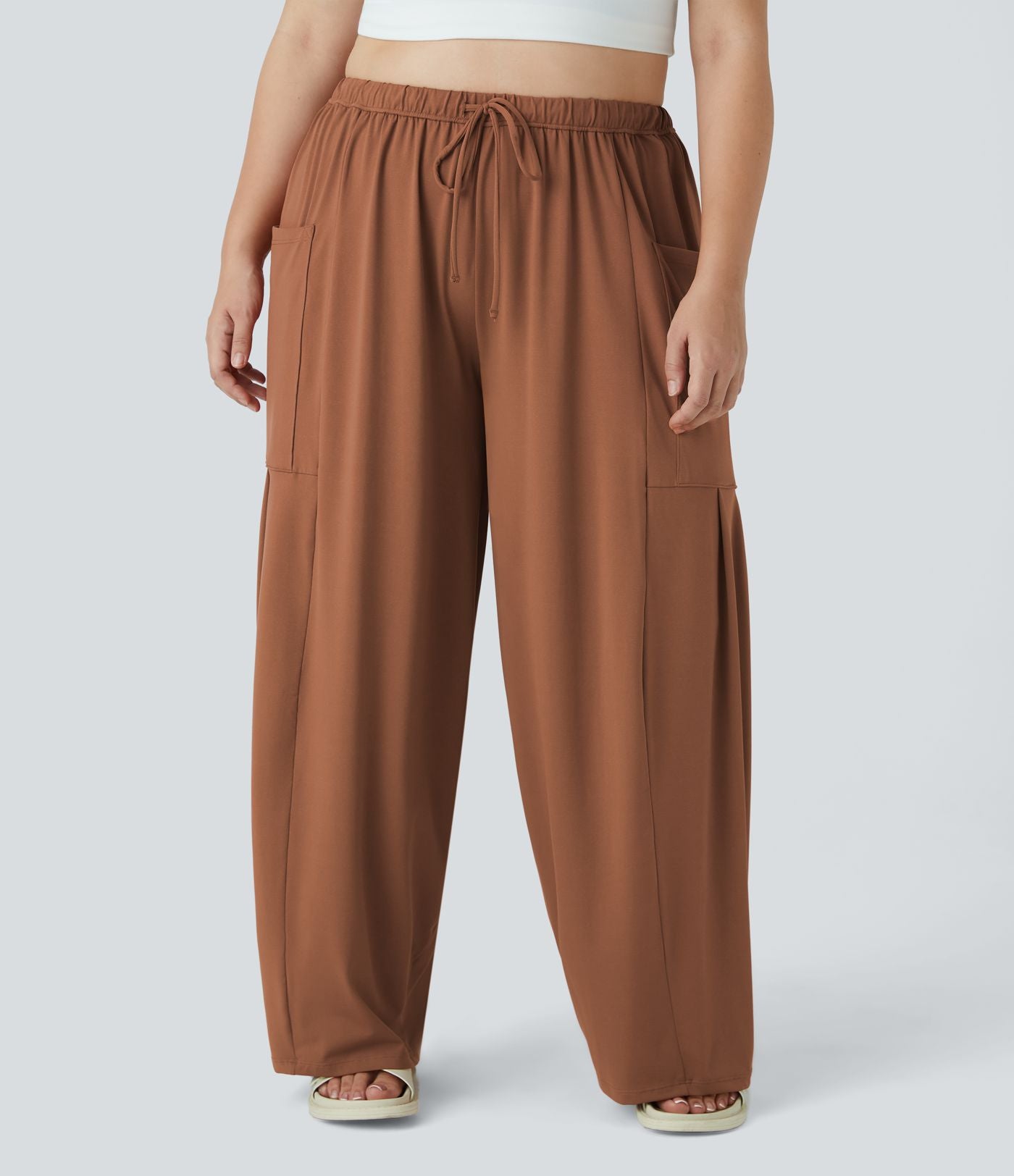 Pantalon Large Casual Taille Mi-Haute Taille Élastique Cordon Poches Latérales Ourlet Flottant Grande Taille